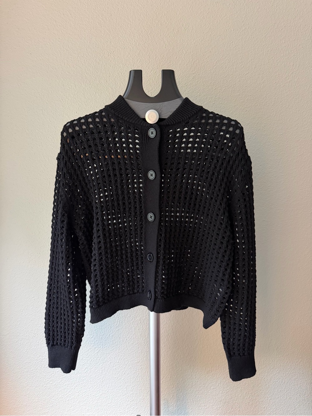 Vince Camuto Black Open-Knit Button-Front Cardigan